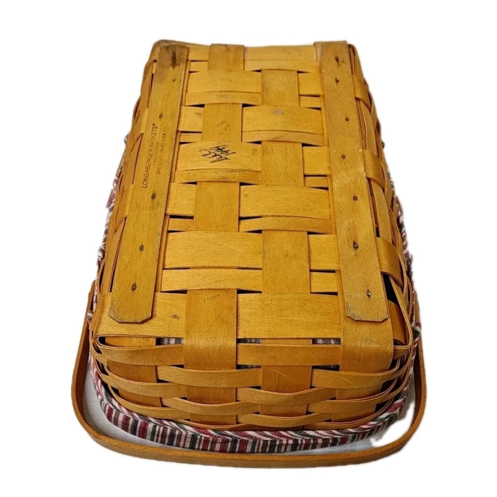 Vtg 90s Longaberger Med Gathering Basket Double Handle Nautical Striped Liner